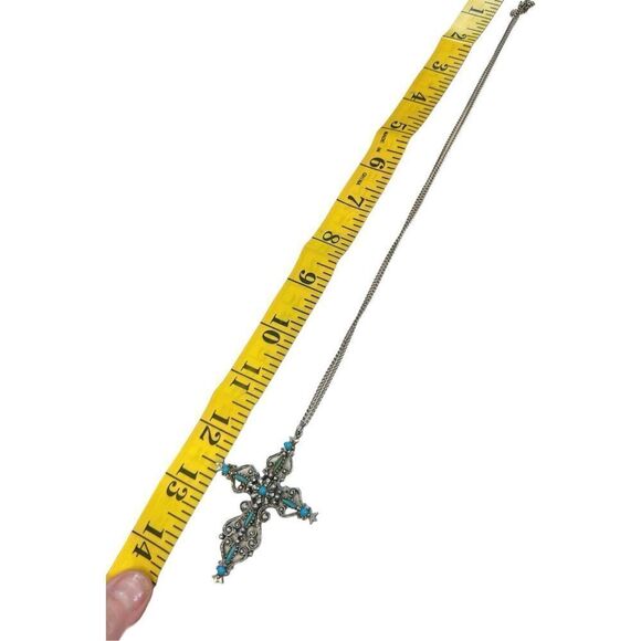 Signed Roma Cross Pendant Necklace Petit Point Faux Turquoise Christian Vintage - Picture 4 of 10